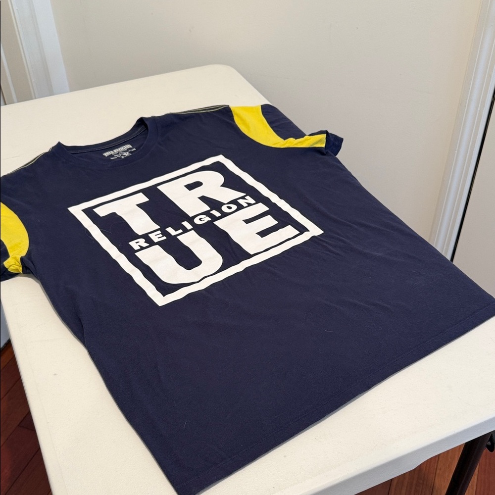 Y2K Men XXL True Religion Nostalgic Navy Retro Bold Fall Football Autumn Tee - Picture 5 of 16